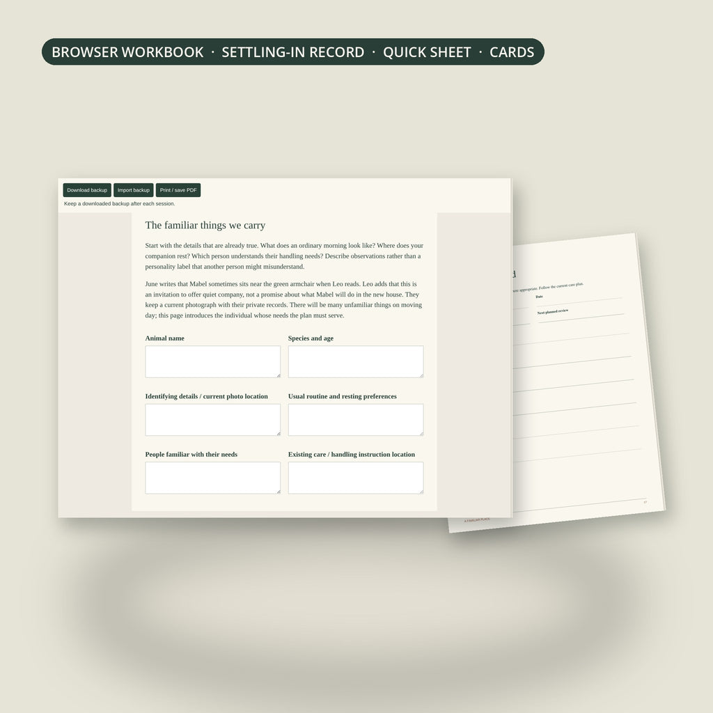 Browser workbook and settling-in record page