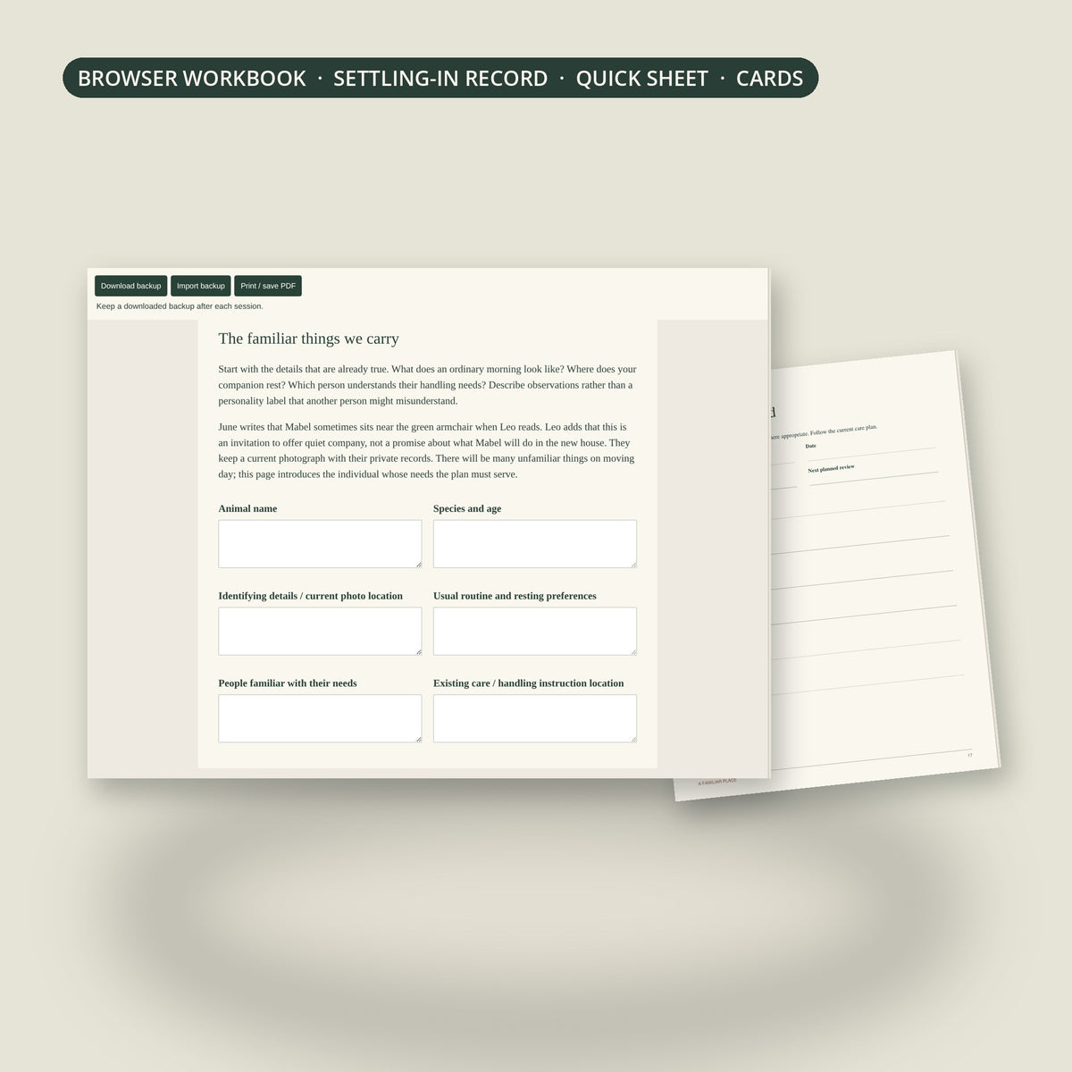 Browser workbook and settling-in record page