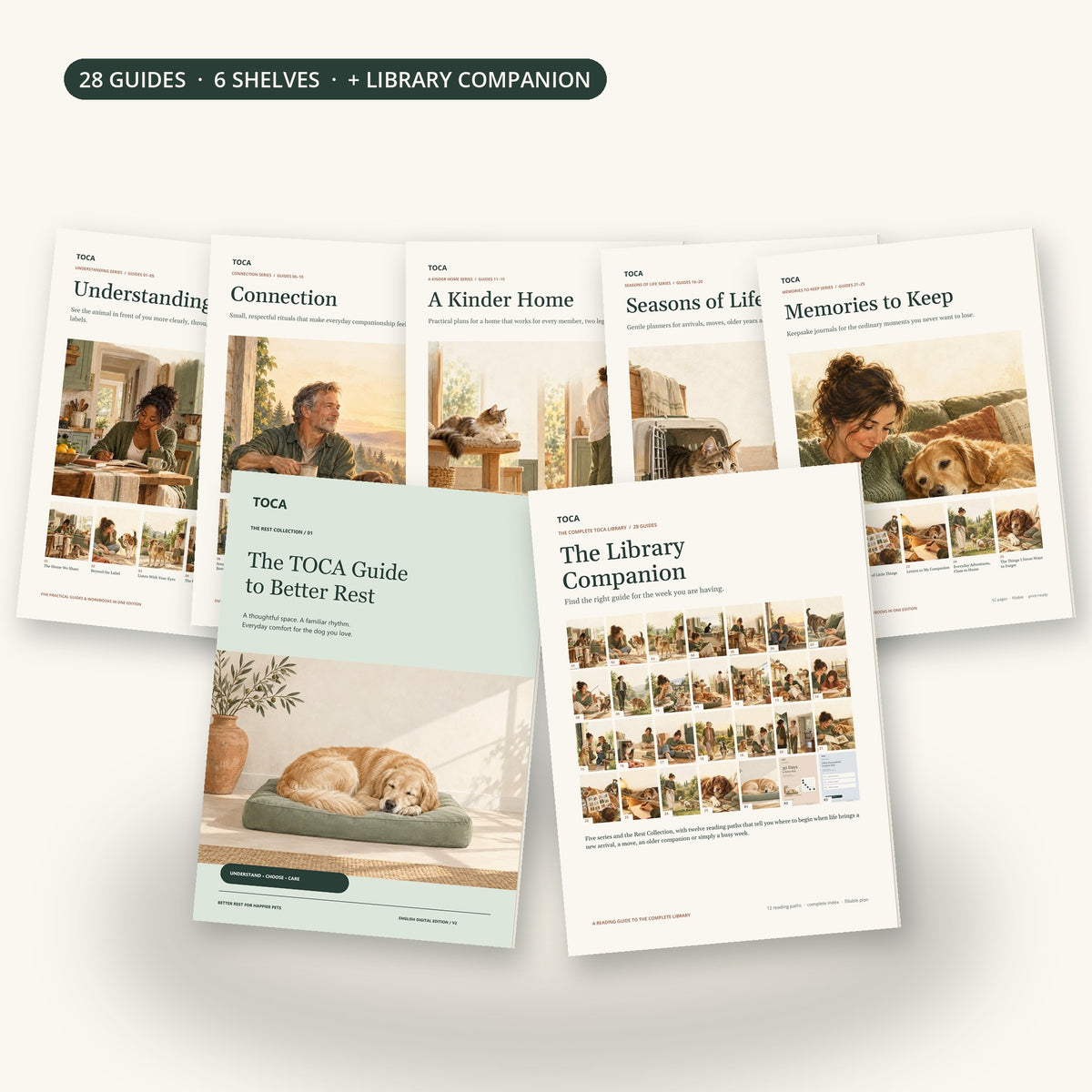 The Complete TOCA Library: 28 guides across six shelves plus the Library Companion