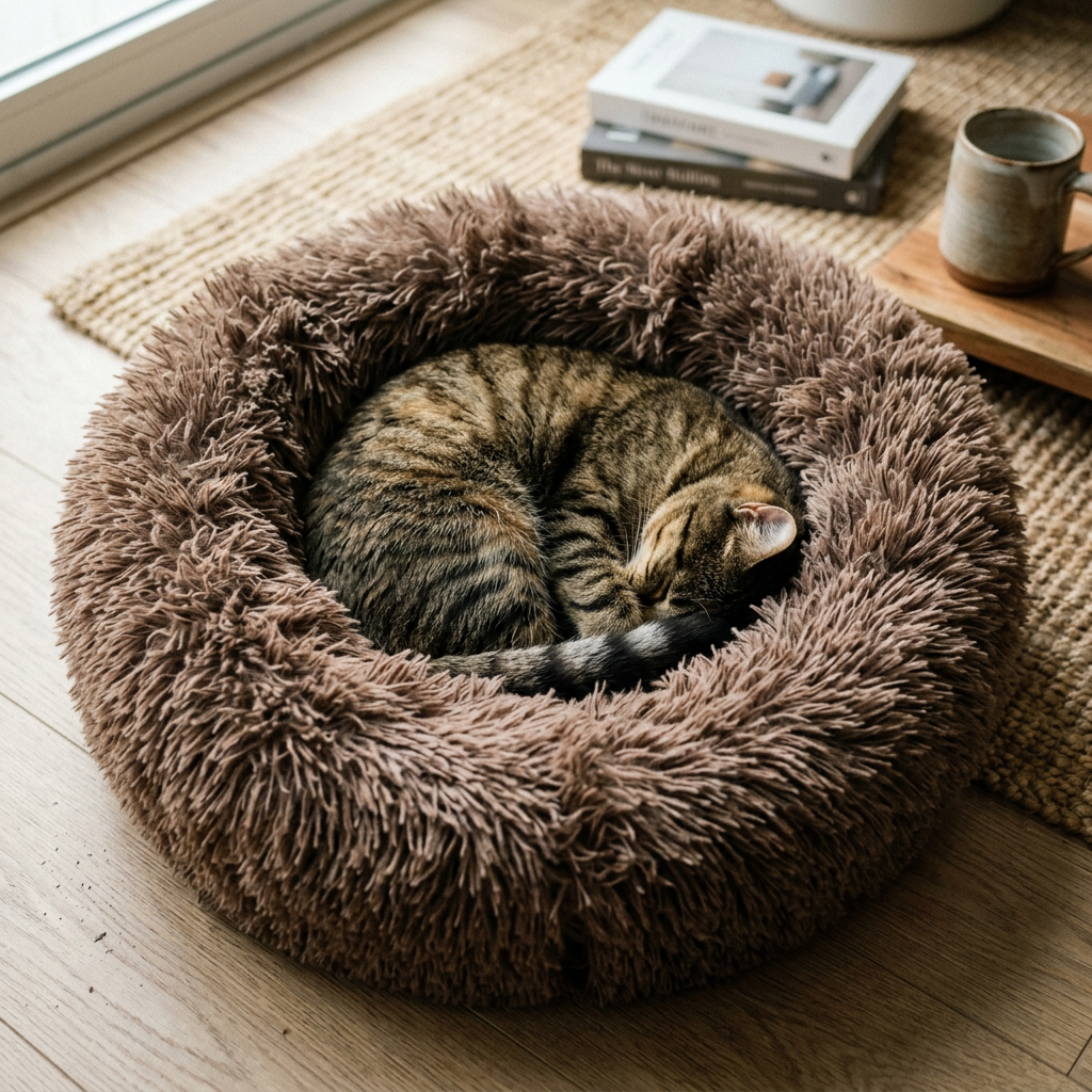 Tabby cat curled asleep inside the Toca Nest Duo plush pet bed in mocha, sunlit wood floor