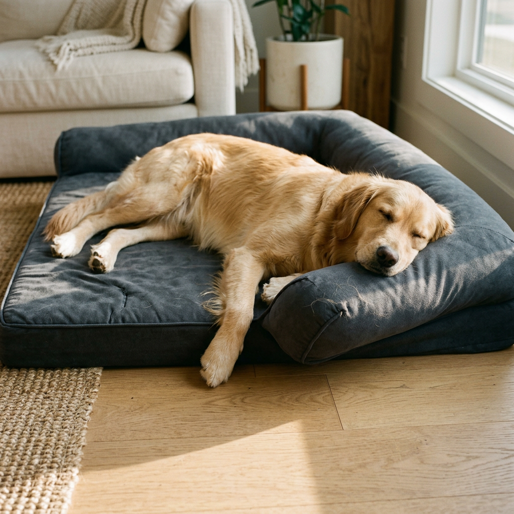 Golden Retriever asleep on the charcoal Toca orthopedic dog sofa bed in a sunlit living room