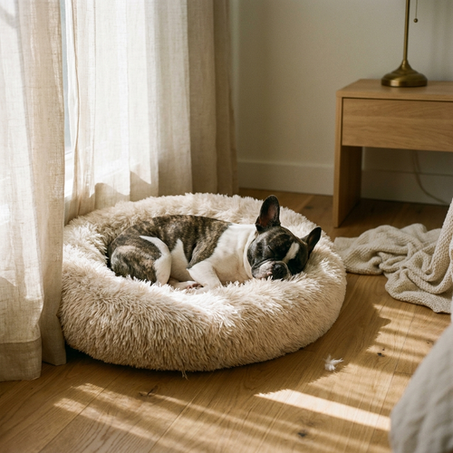 Toca Calming Bed in a modern minimal bedroom with French Bulldog curled deeply asleep