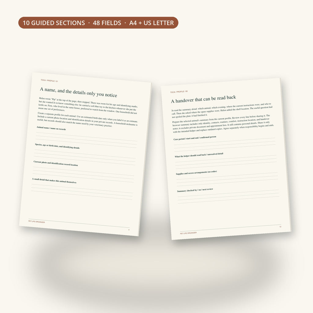 Inside pages: animal profile and handover read-back