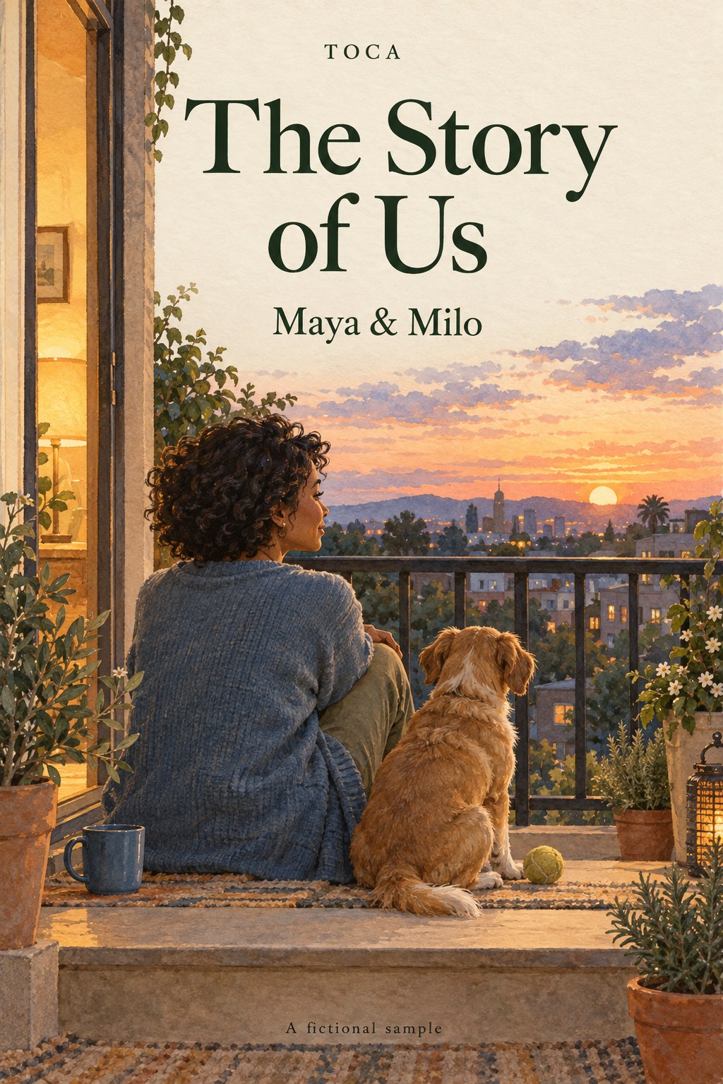 The Story of Us: Maya & Milo, a fictional sample cover showing a woman and a small tan dog on a balcony at sunset