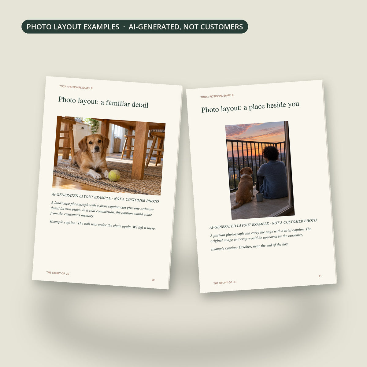 Photo layout examples, AI-generated and labeled as not customer photos
