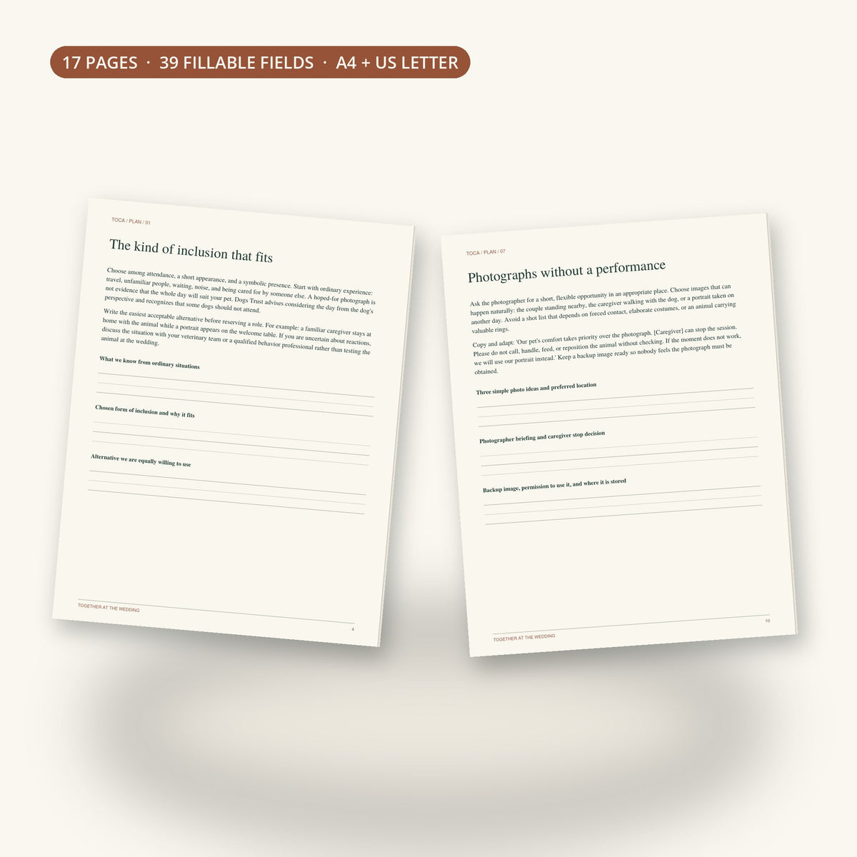 Inside Together at the Wedding: the inclusion and photographs planning pages