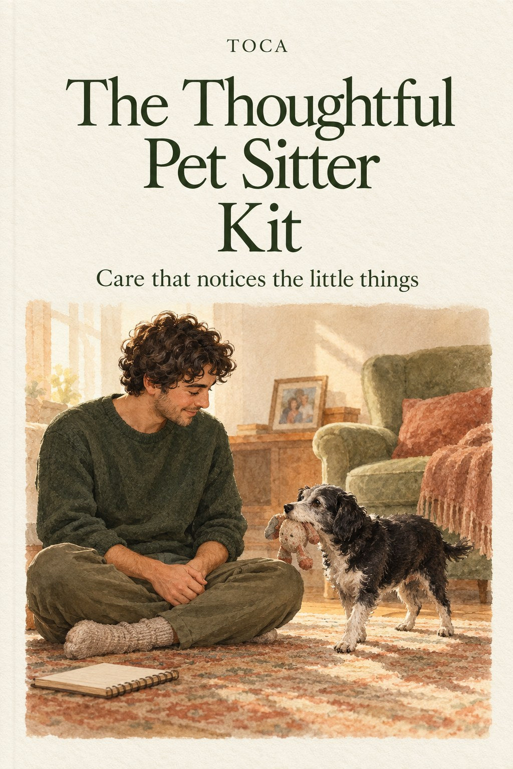 The Thoughtful Pet Sitter Kit cover: a sitter sits on the floor while an older dog approaches with a toy