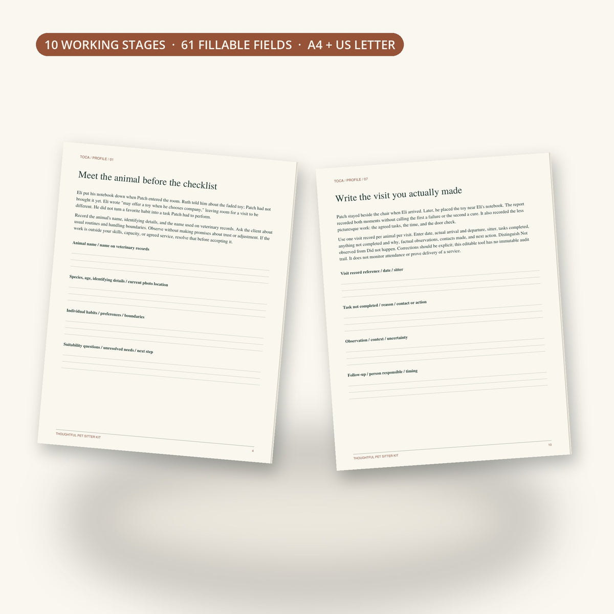 Inside pages: Meet the animal before the checklist, and Write the visit you actually made