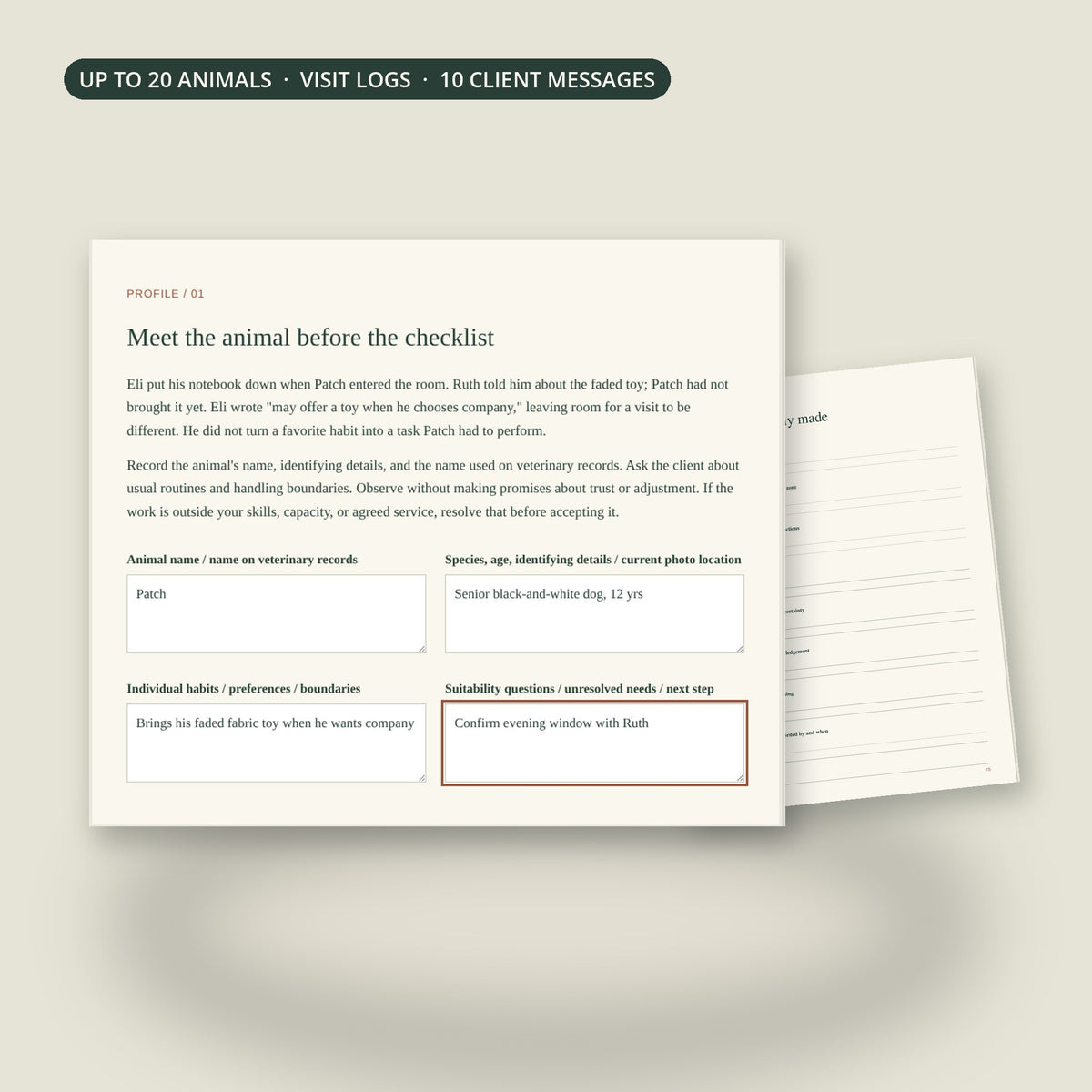 Browser casebook with an animal profile filled in, next to the reusable visit record page
