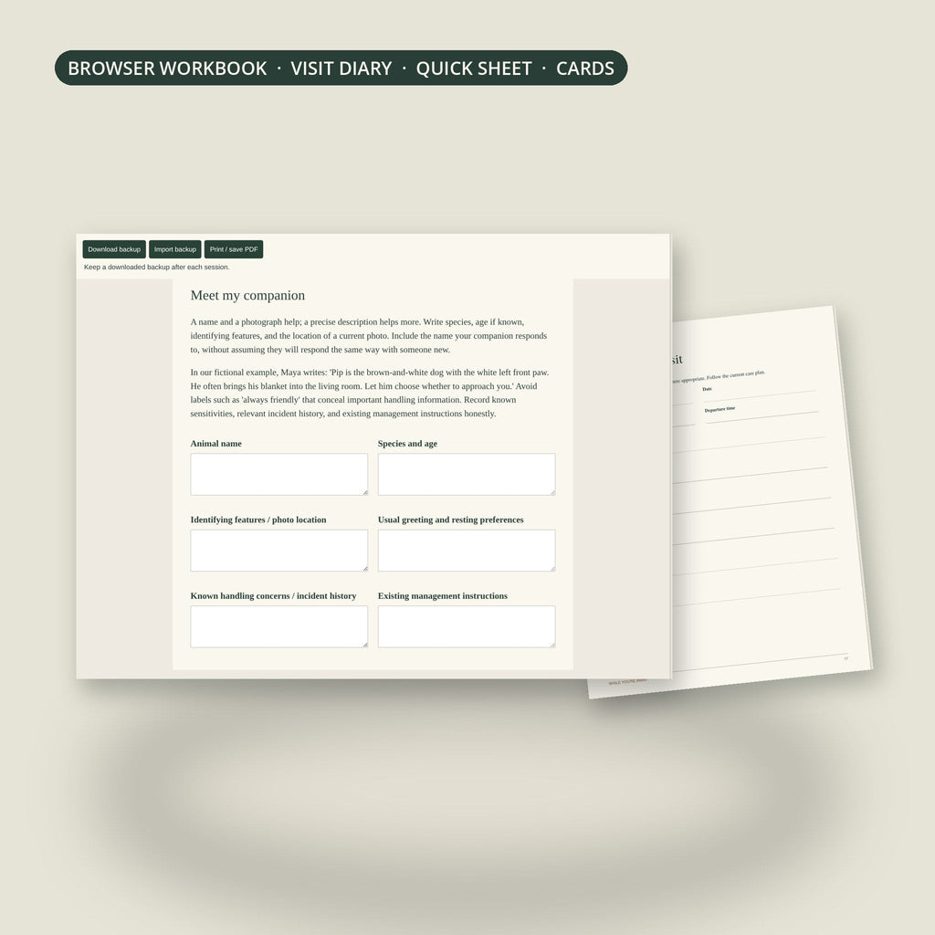 Pet Sitter Kit browser workbook and visit record page